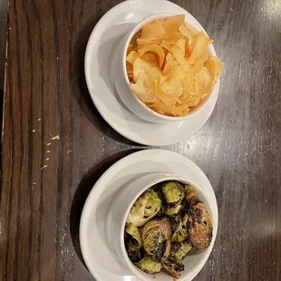 Cassava (Yuca) chips and balsamic Brussels sprouts sides