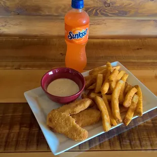 Our chicken strips and fries combo, served with your choice of ranch, BBQ sauce, honey mustard or ketchup.