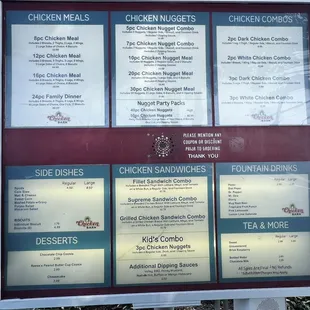 the menu for the chicken barn