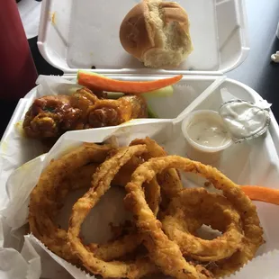 onion rings and a roll