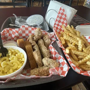 Spicy dry rub ranch chicken tenders with Mac and cheese and fries