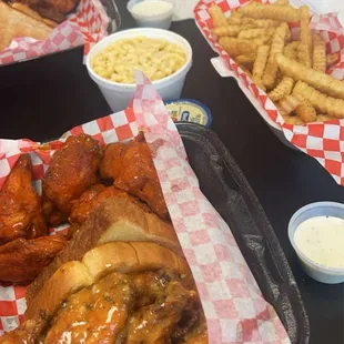 Buffalo &amp; spicy garlic parm with fries and mac n cheese - delicious