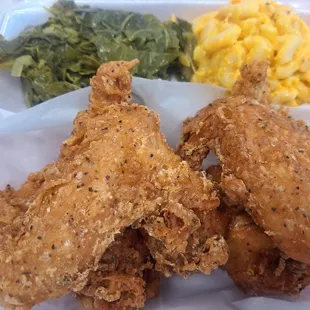 Fried chicken with greens and mac and cheese