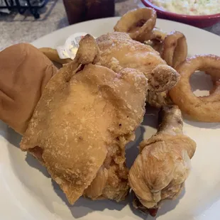 3 Piece Dark Fried Chicken, onion rings and slaw.