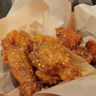 Soy garlic on left and spicy medium on right