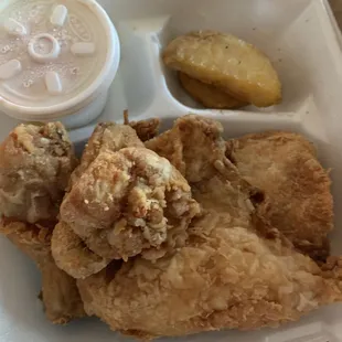 Chicken with broasted potatoes and coleslaw.  Delicious