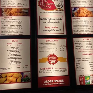 the menu for the chicken place