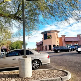 a parking lot with a parking meter