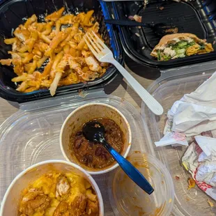 Buffalo Chicken Fries, Buffalo Chicken Mac &amp; Cheese,  Bacon Chicken Ranch snack wrap, and small chili.
