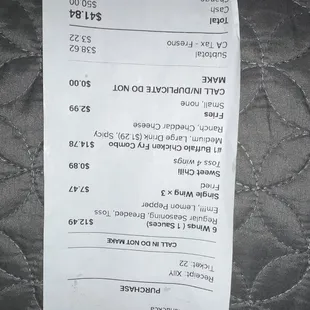 the receipt for the chicken shack