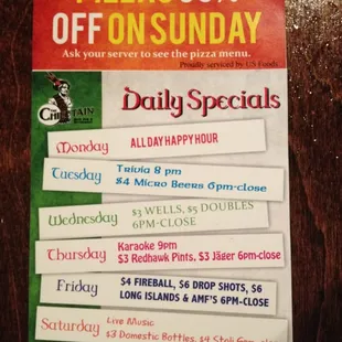 Daily Specials at the Chieftain