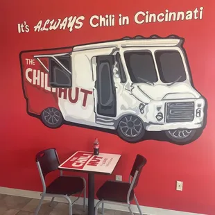 a table and chairs in front of a mural