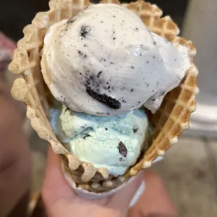 Cookies and cream, mint chip in a waffle cone