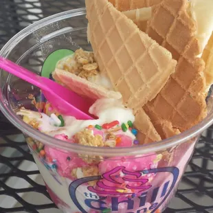 Vanilla mixed with lemon and very very sorbet added waffle cones, frosted animal crackers, JIMMIES and granola.  Yum o.