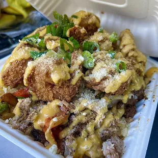 Surf &amp; turf fries . Steak crab and prawns . I got garlic Parmesan prawns for an extra fee . Worth every penny the box couldn't even close !