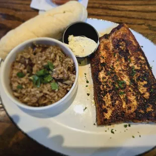 Blacked Salmon with chicken and sausage jambalaya
