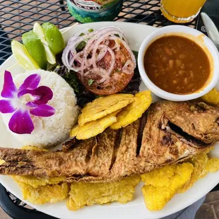Pescado boca chica with tostones and rice and beans.