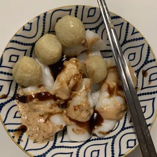 Cheung Fun Noodles and Fish balls Topped with my own mixture of peanut butter sauce and hoisin