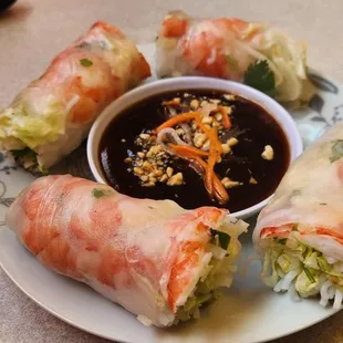 Shrimp spring rolls. I personally prefer sweet chili sauce with my spring rolls, but this sauce was good as well.