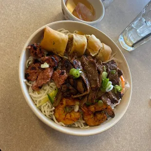 55. Rice Vermicelli with Grilled Shrimp, Beef, Pork Meatball, &amp; Egg Roll
