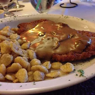Excellent Jaeger Schnitzel: tender and crispy with a rich mushroom gravy and buttery spaetzel