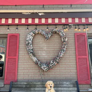 a dog sitting on a bench in front of a handmade ice cream shop