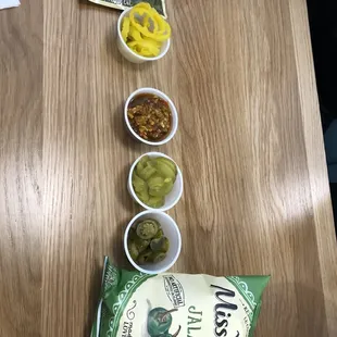 a variety of snacks and condiments