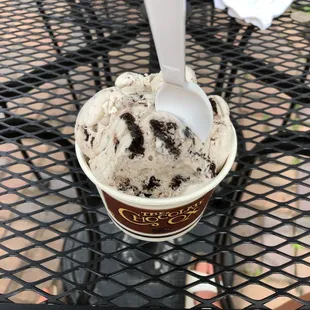 a cup of ice cream with a spoon sticking out of it