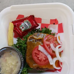 Gluten free cheese burger (no bun). Ordered no tomatoes and they were literally melted into the cheese. WTF. And one fry. Seriously!