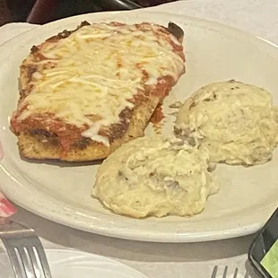 Chicken, Parm, and garlic mashed potatoes