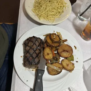 steak, potatoes, and pasta