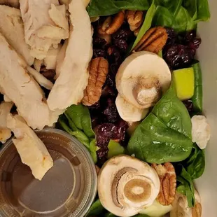 Solstice salad minus quinoa + pita chip, with added chicken