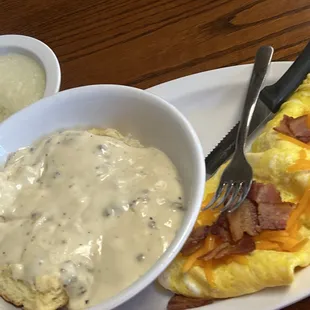 Biscuits and Gravy, grits, and an omelette.