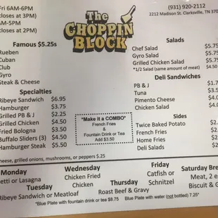 Lunch and dinner menu