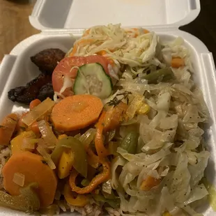 Dinner veggie plate. Cabbage, rice &amp; peas, plantains.