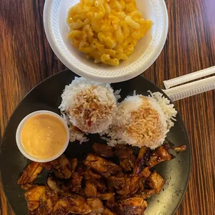 Sticky chicken and Mac and cheese
