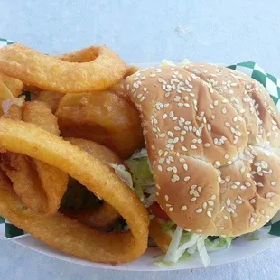 Trail boss burger with a side of onion rings
