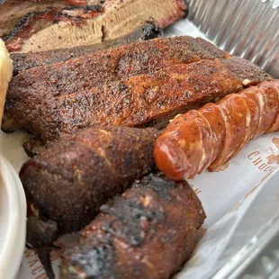 Texas Twinkies, garlic, pepper, jack, sausage, pork, ribs, and brisket.
