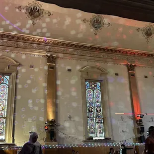 Stained glass windows mixed with disco ball lighting