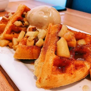 Churro Waffle with salted caramel ice cream and Apple cinnamon compote