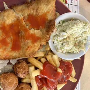 Flounder, fries, coleslaw and hush puppies