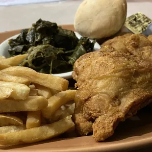 Fried chicken and collard greens.