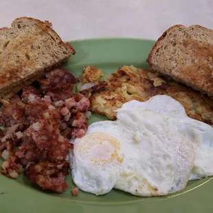 Basic hash, eggs, roast and potatoes. But oh, so good!