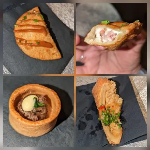 PASSED HORS D'OEUVRES: EMPANADA [SOMETHING WITH CREAM CHEESE AND BACON] + MUSHROOM TART + CRAB CAKE EGG ROLL