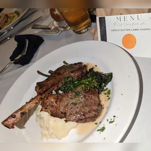 he: GARLIC BUTTER LAMB CHOPS + MASHED POTATOES + ASPARAGUS
