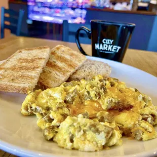 Sausage, Egg, &amp; Cheese Scramble with Sour Dough Toast and Coffee