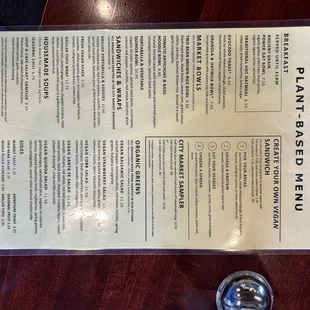 Plant based menu