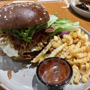 Burger with Fries and Claim Sauce