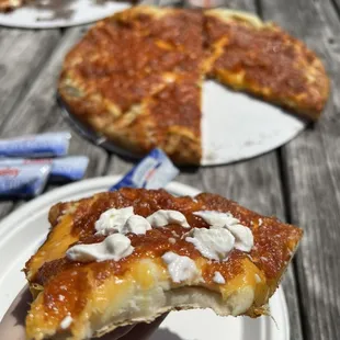 Pepperoni bacon pizza large, lemonade, mashed potato pizza large no bacon with sour cream