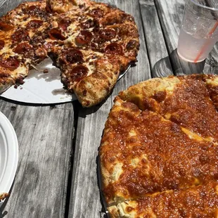 Pepperoni bacon large pizza and mashed potato pizza with no bacon large